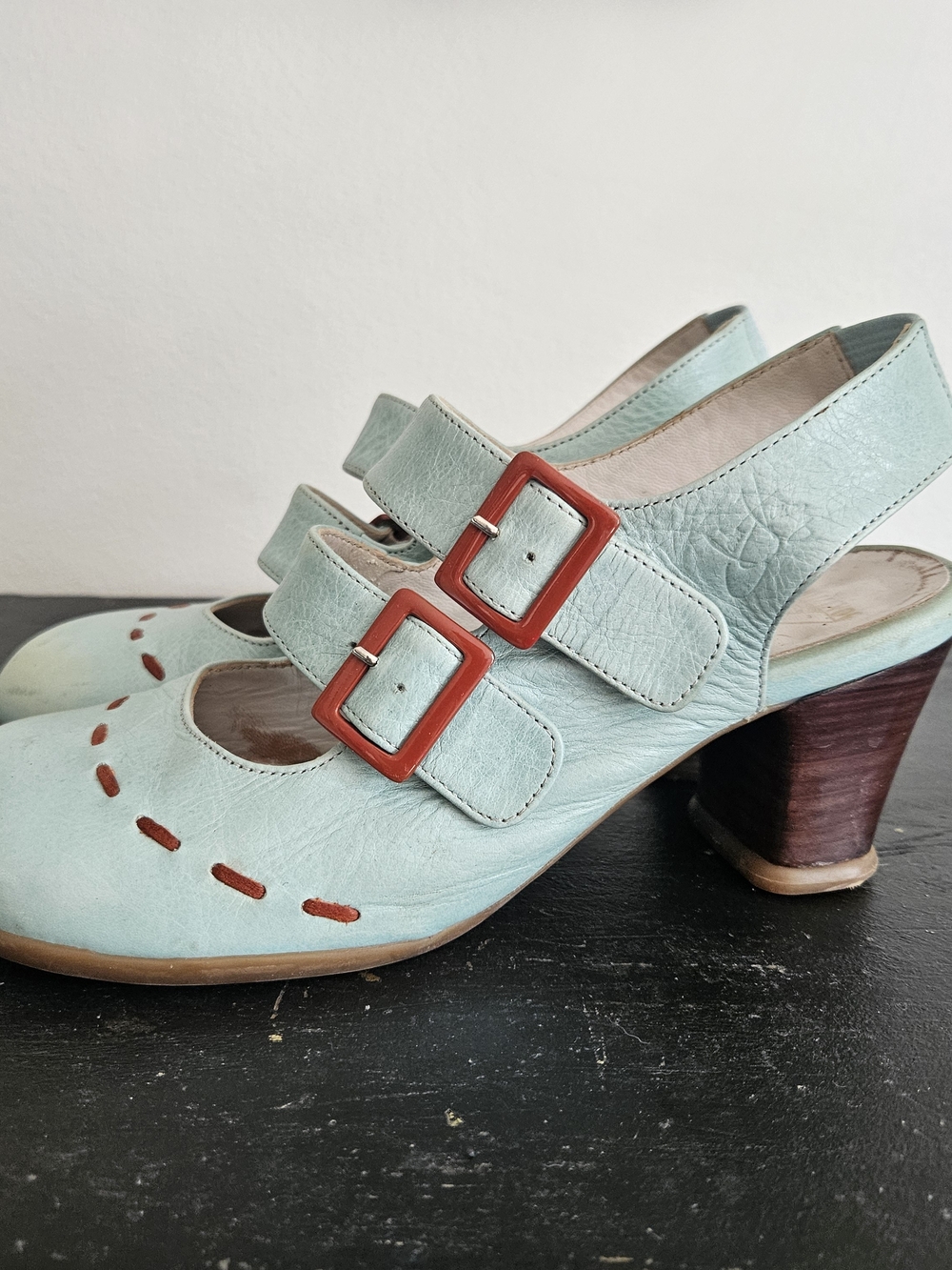 Fluevog Operetta Fiorenza Mint Leather Mary-Jane Slingback Heels Size 7